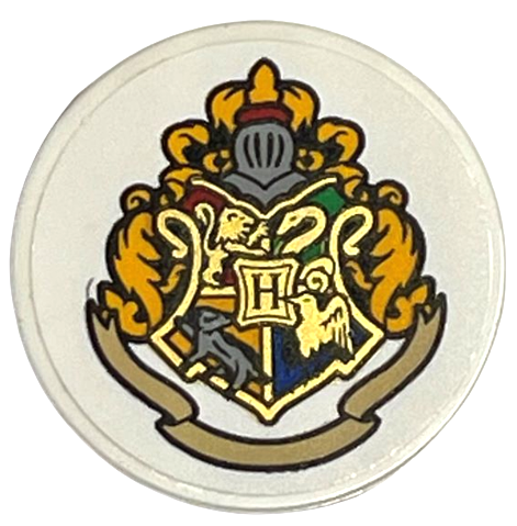Lego Tile, Round 3 x 3 with Gold Hogwarts Coat of Arms, Bright Light Orange Feathers, and Tan Banner Pattern (Sticker) - Set 76405