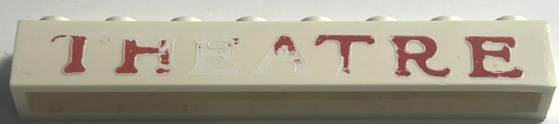 Lego Brick 1 x 8 without Bottom Tubes with Cross Side Supports with Red 'THEATRE' Serif Medium Pattern