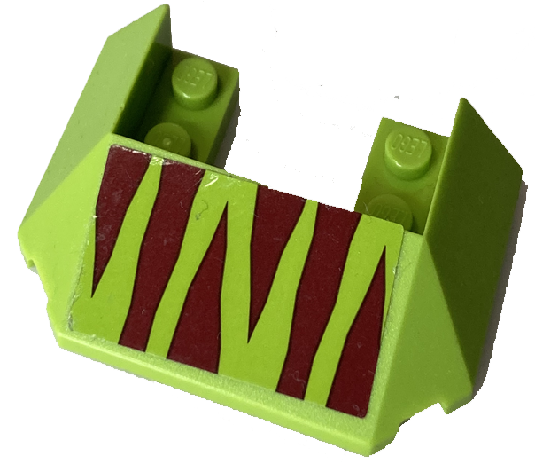 Lego Wedge 6 x 4 Cutout (Train Roof) with 5 Large Bottom Tubes with Dark Red Vertical Dinosaur Stripes Pattern (Sticker) - Set 75938 / Lime