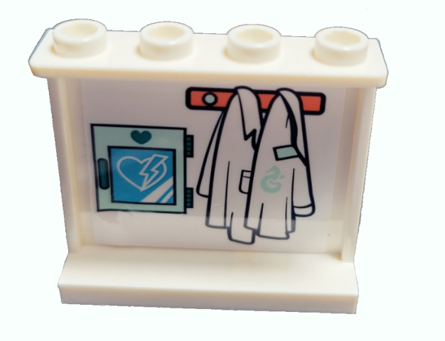Lego Panel 1 x 4 x 3 with Side Supports - Hollow Studs with AED Cabinet and Lab Coats Pattern (Sticker) - Set 41380 / White