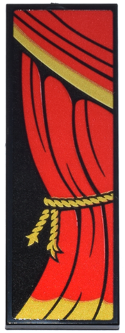 Lego Tile 2 x 6 with Red Curtain with Gold Trim and Rope Ties Pattern Model Left Side (Sticker) - Set 71837 / Black