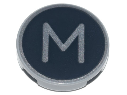 Lego Tile, Round 2 x 2 with Bottom Stud Holder with Silver Capital Letter M on Black Background Pattern