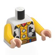 Lego Torso, Vest with Black Spots, Yellow Shirt with Red Stripes, Sheriff Badge, Belt, Pull String On Back Print, Yellow Arms, Light Nougat Hands / White