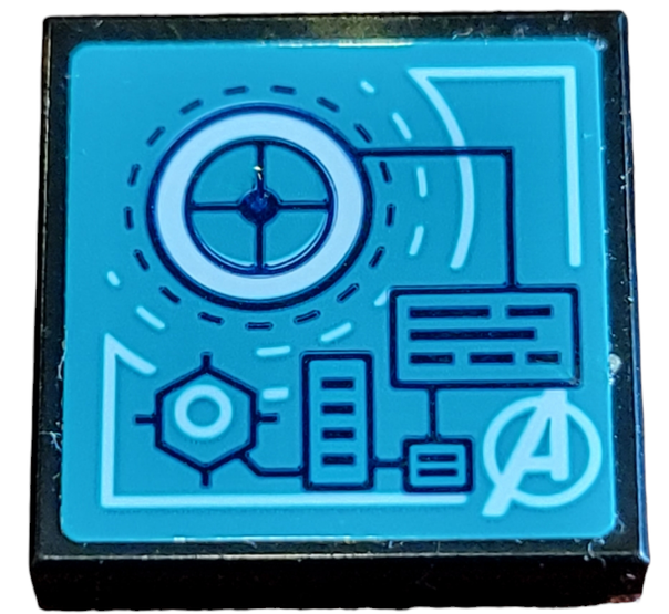 Lego Tile 2 x 2 with Avengers Logo, Target, Rectangles, Lines and Hexagon on Dark Turquoise Background Pattern (Sticker) - Set 76126 / Black