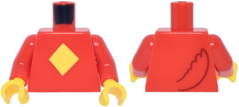 Lego Torso Yellow Diamond and Dark Red Tail on Back Pattern / Red Arms / Yellow Hands