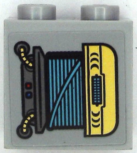 Lego Brick, Modified 1 x 2 x 1 2/3 with Studs on Side with Dark Bluish Gray and Gold Engine and Hoses, Medium Azure Wires, Red and Blue Lights Pattern Model Right Side (Sticker) - Set 71699 / Light Bluish Gray