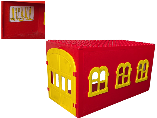 Lego Red Fabuland Garage Block 10 x 20 x 9 with Yellow Windows and Yellow Doors with Tools Pattern (Sticker) - Sets 134-2 / 344-2