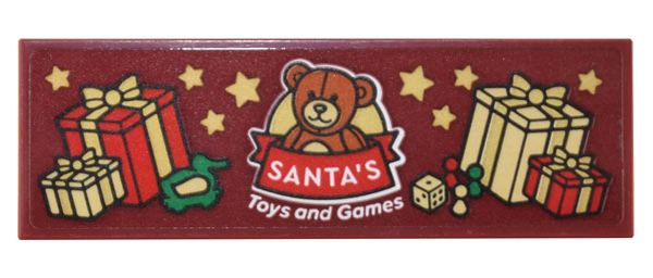 Lego Tile 2 x 6 with Dark Orange Teddy Bear, 'SANTA'S Toys and Games', Presents, Toys, and Gold Stars Pattern (Sticker) - Set 10308 / Dark Red