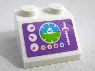 Lego Slope 45 2 x 2 with Airplane Medium Azure and Lime Horizon Indicator, White Gauges, Slider, Bright Light Orange and Dark Pink Buttons on Medium Lavender Background Pattern (Sticker) - Set 41109