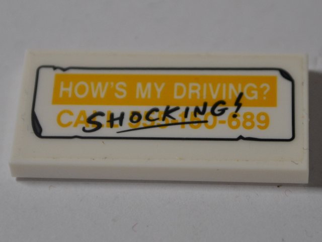 Lego Tile 2 x 4 with 'HOW'S MY DRIVING?' on Yellow Background, Yellow 'CALL 555-150-689' on White Background and Black 'SHOCKING!' Pattern (Sticker) - Set 76083