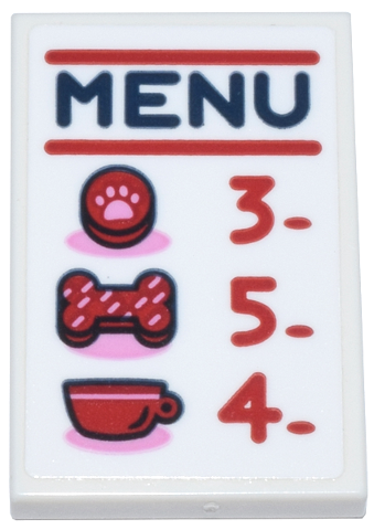 Lego Tile 2 x 3 with Dark Blue 'MENU' and Red and Bright Pink Animal Paw Print Cookie, Dog Bone Biscuit, Coffee Cup, Lines, and Numbers 3, 5, and 4 Pattern (Sticker) - Set 42677