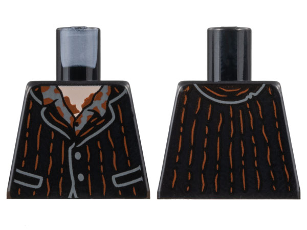 Lego Torso Jacket with Reddish Brown Pinstripes, Light Nougat Neck, Dark Bluish Gray Shirt, Splotches Pattern / Black