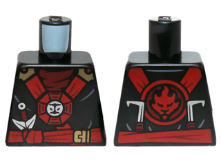 Lego Torso Ninjago Red and Gold Straps and Belt, Round Emblem, Weapons and Dark Red Undershirt Pattern / Black
