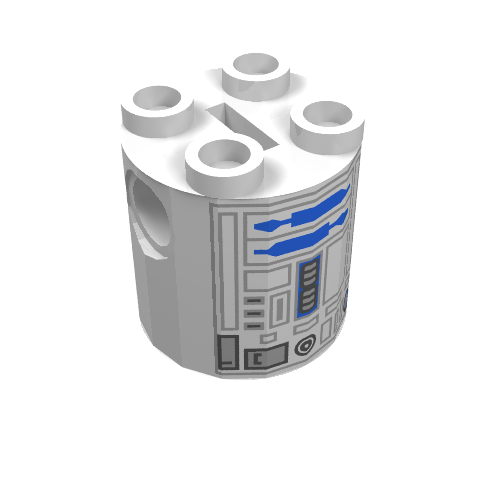 Lego Brick Round 2 x 2 x 2 Robot Body, no Axle Holder with Blue and Gray Astromech Droid Print (R2-D2) / White