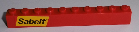 Lego Brick 1 x 10 with Black 'Sabelt' on Yellow Background Pattern Model Left Side (Sticker) - Set 8143 / Red