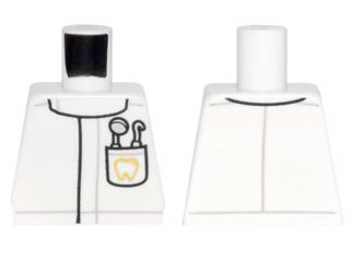 Lego Torso Lab Coat with Pocket with Dentist Mirror and Pick and Gold Tooth Pattern / White
