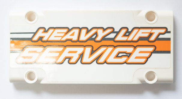 Lego Technic, Panel Plate 5 x 11 x 1 with 'HEAVY LIFT SERVICE' and Dark Bluish Gray and Orange Stripes  Pattern Model Left Side (Sticker) - Set 42052 / White