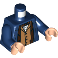 Lego Torso Coat, Open Over Reddish Brown Jacket and Medium Nougat Vest, with Bow Tie Print, Dark Blue Arms, Light Nougat Hands
