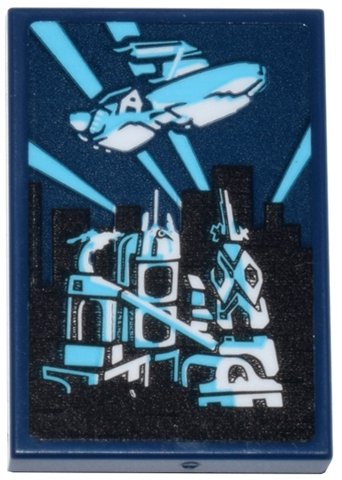 Lego Tile 2 x 3 with Medium Azure, Black and White Destiny's Bounty Airship and Ninjago City Skyline Pattern (Sticker) - Set 71837 / Dark Blue