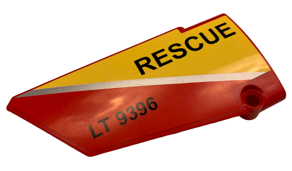 Lego Technic, Panel Fairing #17 Large Smooth, Side A with Silver Stripe, 'RESCUE' and 'LT 9396' Pattern (Sticker) - Set 9396 / Red