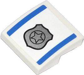 Lego Slope, Curved 2 x 2 x 2/3 with 2 Blue Stripes and Silver Police Badge Pattern (Sticker) - Set 60042