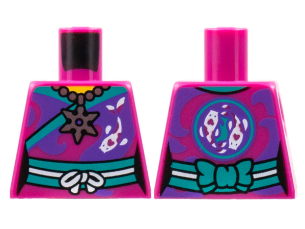 Lego Torso Female Kimono, Dark Turquoise Hem and Sash, Silver Shuriken Throwing Star Necklace, Koi Fish Pattern / Magenta