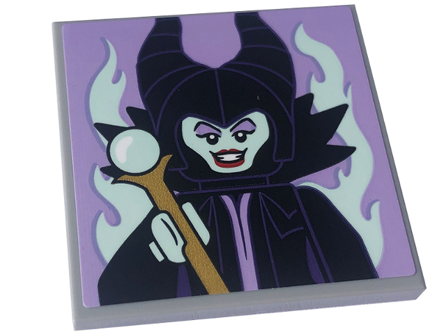 Lego Tile 4 x 4 with Maleficent Minifigure and Light Aqua Flames on Lavender Background Pattern (Sticker) - Set 43227