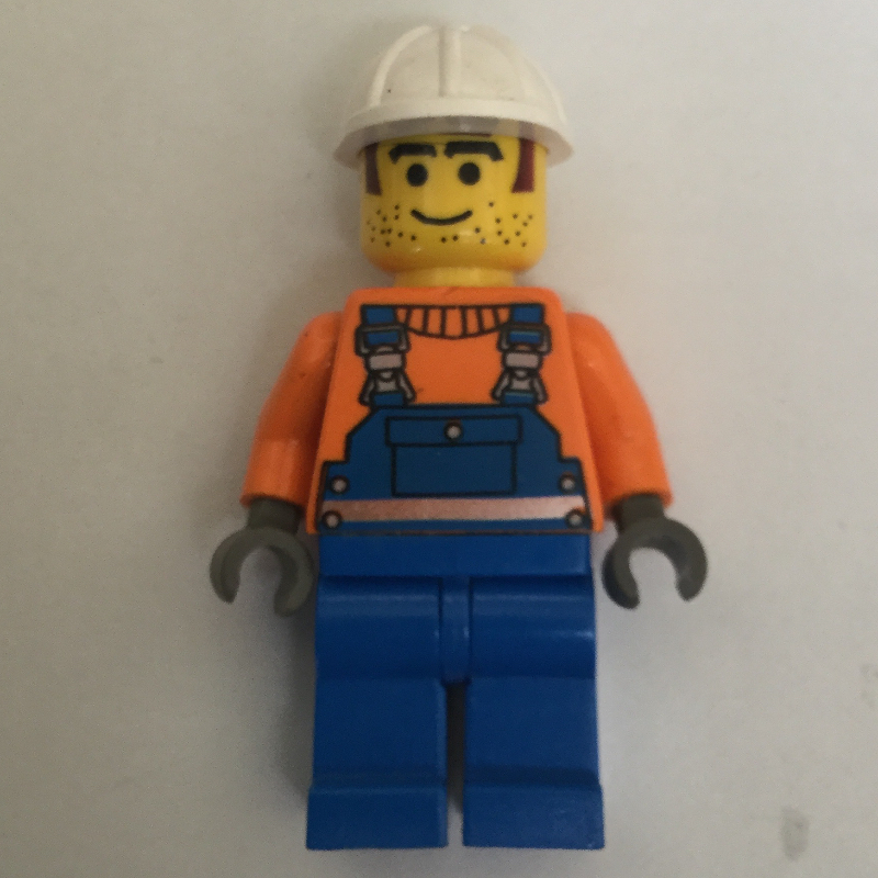 Lego Construction Worker, Blue Overalls over Orange Sweater, White Hard Hat, Printed Hair and Stubble