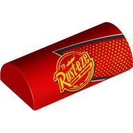 Lego Brick Curved 2 x 4 Double, No Studs with Bright Light Orange Dots, Rust-eze Logo Print / Red