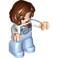 Lego Duplo Figure with Long Hair Parted on Left Reddish Brown, With Bright Light Blue Legs, Coral Neckerchief Print