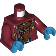 Lego Torso Open Jacket with Badge over Reddish Brown Shirt and Harness Print (Yondu), Dark Red Arms, Dark Azure Hands / Dark Red