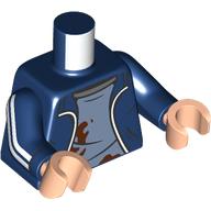 Lego Torso Jacket, Open over Dirty and Tattered Undershirt Print, Dark Blue Arms with White Stripes Print, Light Nougat Hands / Dark Blue