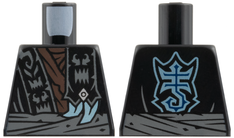 Lego Torso Robe with Monster Faces on Hem over Dark Brown Tattered Layered Shirt, Shoulder Wrap with Silver Diamond and Metallic Light Blue Claws, Dark Bluish Gray Waist Sash, Stylized Scorpion Logo on Back Pattern / Black