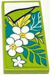 Lego Tile 2 x 4 with Blanket with White Flowers and Dark Turquoise Leaves, Folded Lime Corner, White Bedsheet Pattern (Sticker) - Set 41428 / Lime