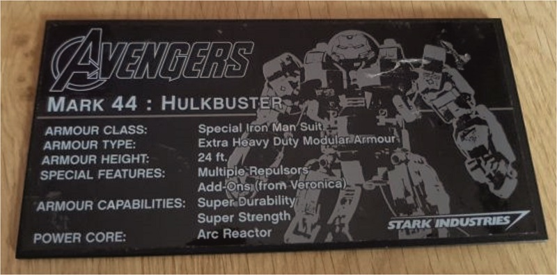 Lego Tile 8 x 16 with Bottom Tubes, Textured Surface with Avengers Logo, 'MARK 44 : HULKBUSTER', Details, and Stark Industries Logo Pattern (Sticker) - Set 76105