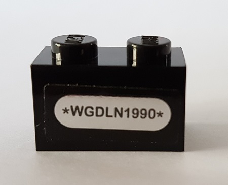 Lego Brick 1 x 2 with '*WGDLN1990*' Pattern (Sticker) - Set 10269 / Black