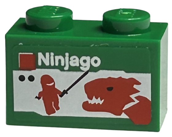 Lego Brick 1 x 2 with LEGO Ninjago Set Box Art, Red Ninja Minifigure Silhouette with Black Sword, Dragon Head Pattern (Sticker) - Sets 40145 / 40305 and Gear 40359 / Green