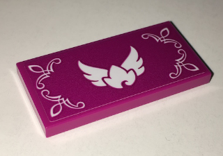 Lego Tile 2 x 4 with White Winged Leaf and Scrollwork Pattern (Sticker) - Set 41174 / Magenta