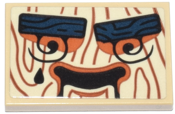 Lego Tile 2 x 3 with Dark Orange Wood Grain, Dark Blue Eyebrows, Black Swirl Eyes and Mouth Pattern (Ninjago Dorama's Puppet Face) (Sticker) - Set 71837