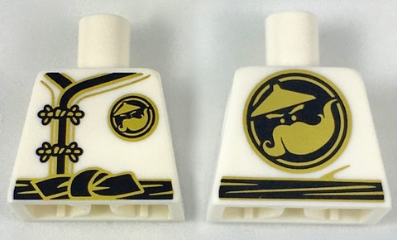 Lego Torso Ninjago Robe with Gold Frog Clasps, Black Sash and Gold Sensei Wu Emblem Front and Back Pattern / White