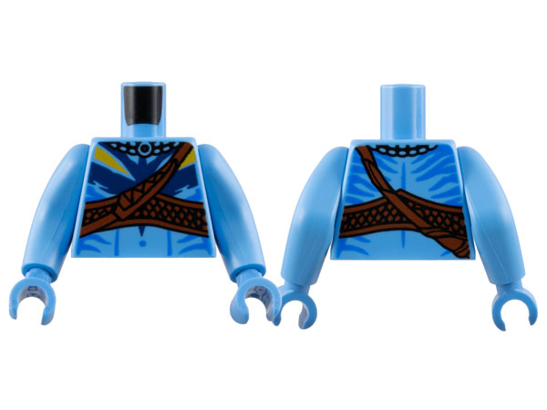 Lego Torso Na'vi with Blue Markings, Reddish Brown Shoulder Belt, and Dark Blue and Bright Light Orange War Paint Pattern / Medium Blue Arms Long / Medium Blue Hands