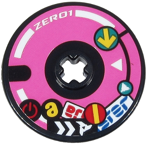 Lego Technic, Disk 3 x 3 with White 'ZERO1', Stripes and Triangles, Yellow Arrow and Stripe and Red Power Button Pattern (Sticker) - Set 71710 / Black