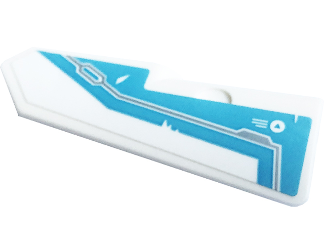 Lego Technic, Panel Fairing #22 Very Small Smooth, Side A with Medium Azure Stripe, Triangle in Circle and Silver Hull Plate Outlines Pattern (Sticker) - Set 71791 / White