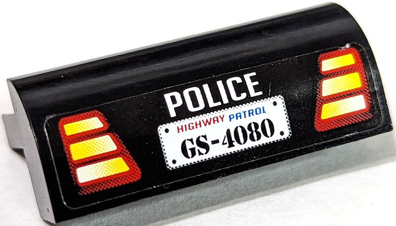 Lego Slope, Curved 2 x 4 x 1 1/3 with 4 Recessed Studs with 'POLICE', Taillights and Highway Patrol 'GS-4080' Pattern (Sticker) - Set 8681 / Black