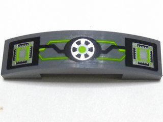 Lego Slope, Curved 4 x 1 x 2/3 Double with Lime, Silver and Black Circuitry, Microchips and Transformer Pattern (Sticker) - Set 70165 / Dark Bluish Gray