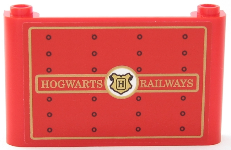 Lego Windscreen 1 x 6 x 3 with Gold 'HOGWARTS RAILWAYS', Hogwarts Logo, Rectangle Borders, and Black Rivets Pattern (Sticker) - Set 75955