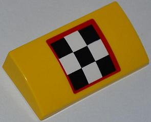 Lego Slope, Curved 2 x 4 x 2/3 with Bottom Tubes with Checkered Flag with Red Outline Pattern (Sticker) - Set 4643 / Yellow