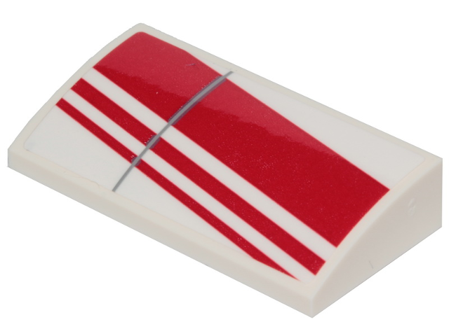 Lego Slope, Curved 2 x 4 x 2/3 with Bottom Tubes with 3 Diagonal Red Stripes Pattern Model Left Side (Sticker) - Set 75249 / White