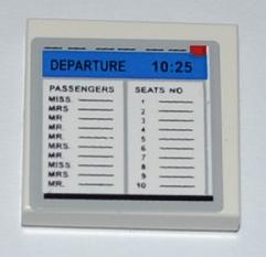 Lego Tile 2 x 2 with Computer Screen with 'DEPARTURE' and Passenger List Pattern (Sticker) - Set 3182 / White