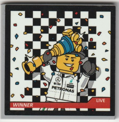 Lego Tile 6 x 6 with Bottom Tubes, Textured Surface with 'WINNER', 'LIVE', Formula 1 Driver Minifigure, Trophy, Confetti and Checkered Background on Screen Pattern (Sticker) - Set 75883